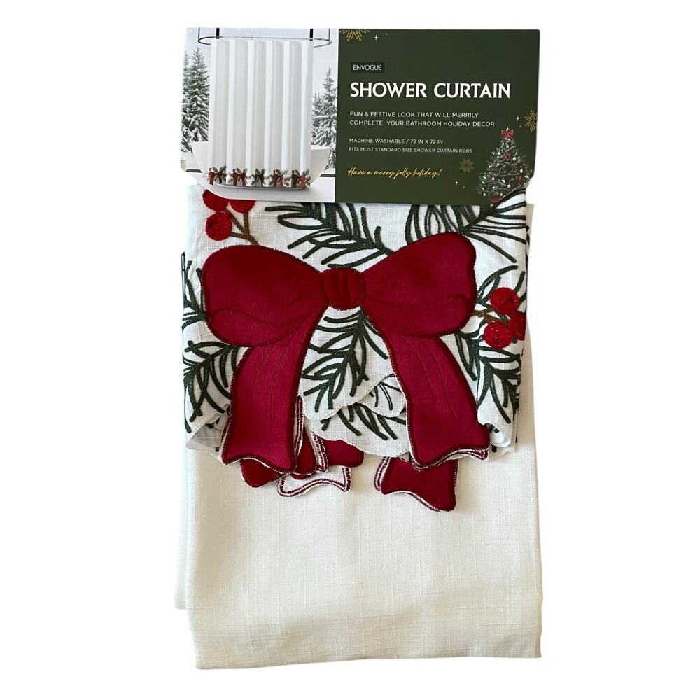 Envogue Embroidered RED BOW Christmas Shower Curtain 72x72 Holiday NEW